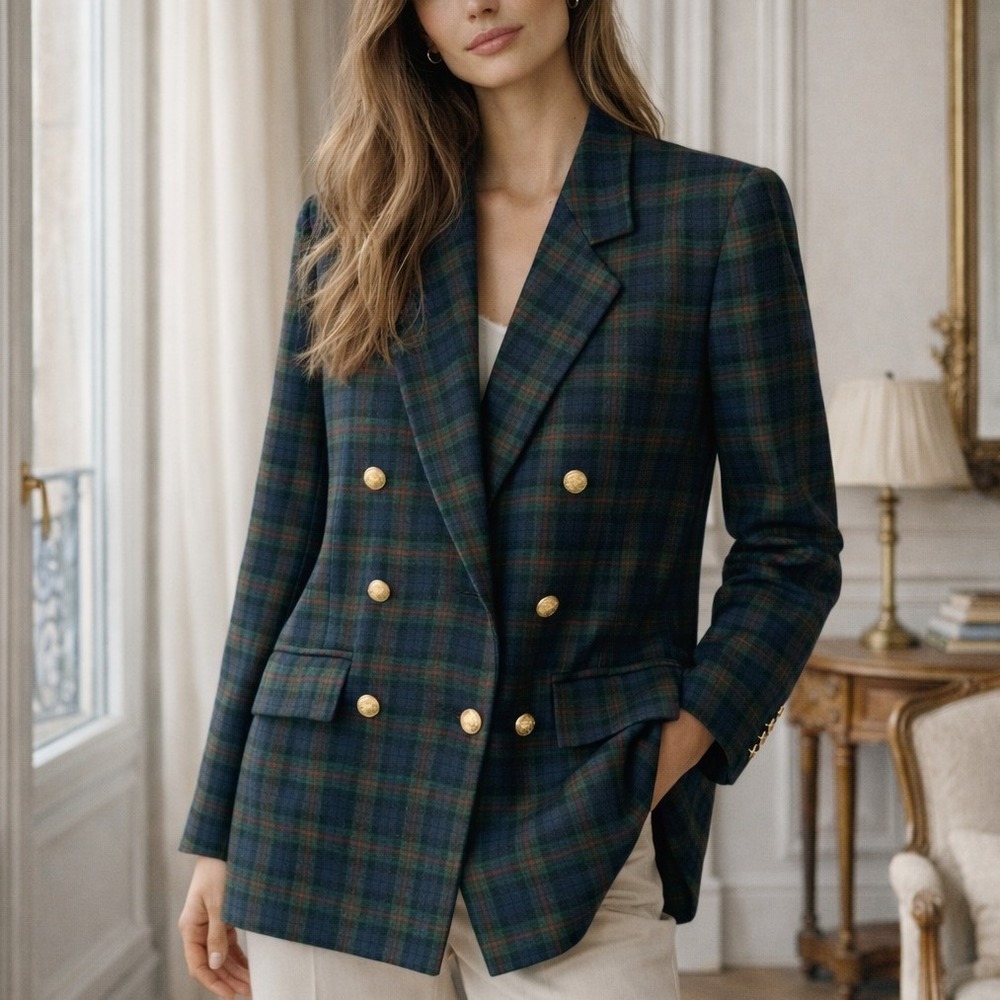 Pendleton‎ Blue Green Plaid Double Breasted Wool Blazer Jacket Womens 8 Preppy